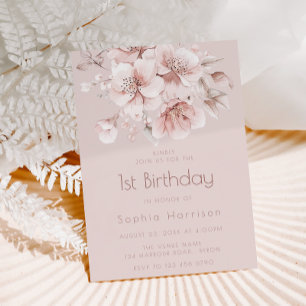Invitation Blush rose Floral Baby Girls 1er anniversaire fête