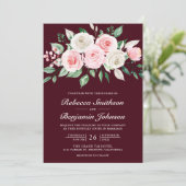 Invitation Blush rose Floral Bourgogne QR Code Mariage (Debout devant)