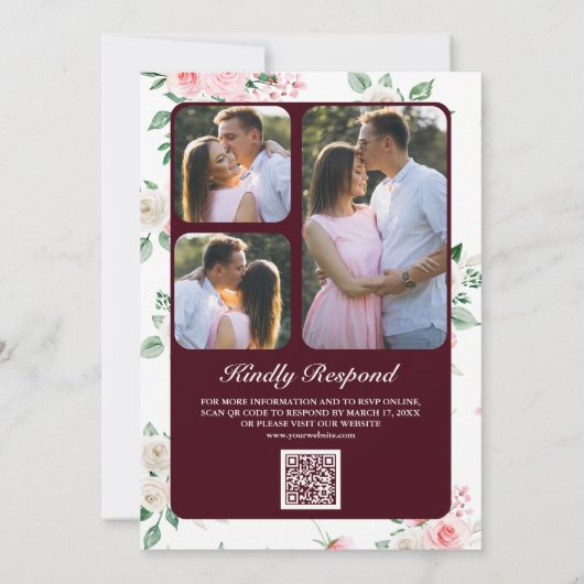 Invitation Blush rose Floral Bourgogne QR Code Mariage (Dos)