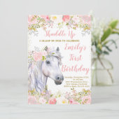 Invitation Blush rose Floral & Cheval Première fête d'anniver (Debout devant)