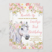 Invitation Blush rose Floral & Cheval Première fête d'anniver (Devant / Derrière)