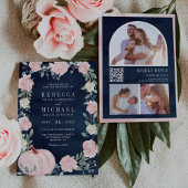 Invitation Blush rose Floral Citrouille QR Code Marine Mariag