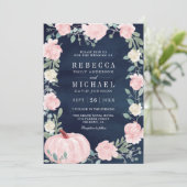 Invitation Blush rose Floral Citrouille QR Code Marine Mariag (Debout devant)