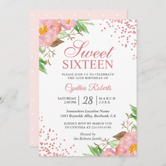 Invitation Blush Rose Floral Confetti Sweet 16 Anniversaire (Devant / Derrière)