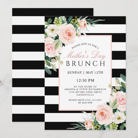Invitation Blush Rose Floral et rayures Fête des Mères Brunch (Devant / Derrière)