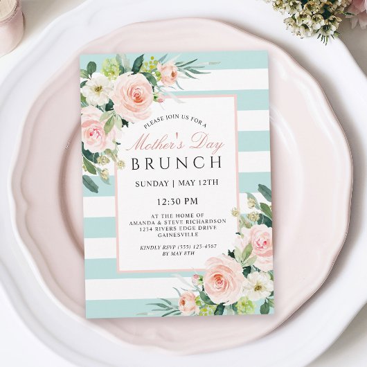 Invitation Blush Rose Floral et rayures Fête des Mères Brunch