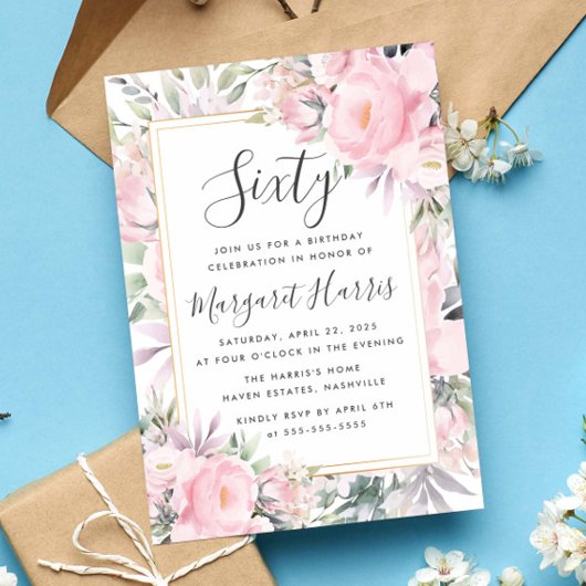 Invitation Blush Rose Floral Gold Frame 60e Soixante Annivers