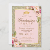 Invitation Blush Rose Floral Gold Sparkles Graduation Party (Devant)