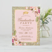 Invitation Blush Rose Floral Gold Sparkles Graduation Party (Debout devant)