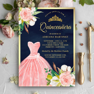 Invitation Blush rose Floral Gown Marine Blue Gold Quinceaner