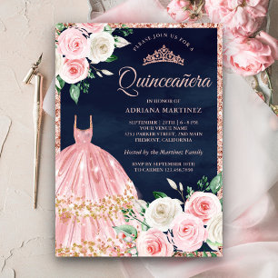 Invitation Blush rose Floral Gown Rose Gold Navy Quinceanera