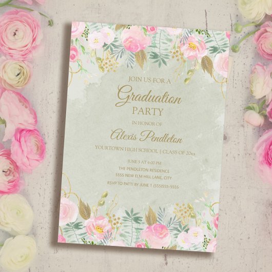 Invitation Blush Rose Floral Green Gold Party
