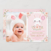 Invitation Blush Rose Floral Lapin Lapin 1er Anniversaire Fêt (Devant / Derrière)