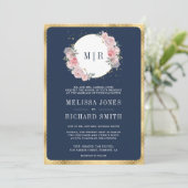 Invitation Blush rose Floral Marine bleu tout en un Mariage (Debout devant)