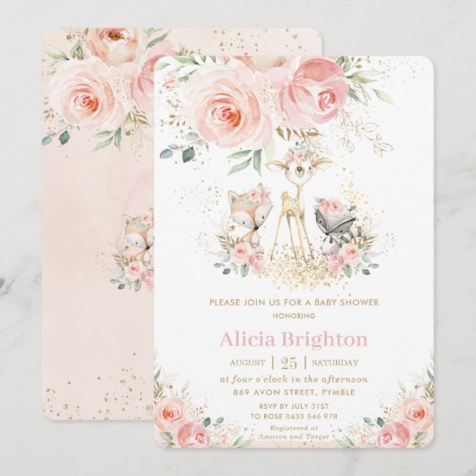 Invitation Blush rose Floral mignon Baby shower Fille Bois (Devant / Derrière)