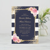 Invitation Blush rose Floral Navy bleu Blanc or Mariage (Debout devant)