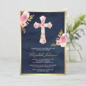 Invitation Blush rose Floral Navy Bleu Or Baptême (Debout devant)