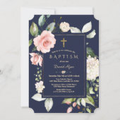 Invitation Blush rose Floral Navy Blue Gold Cross Baptême (Devant)