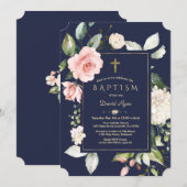 Invitation Blush rose Floral Navy Blue Gold Cross Baptême (Devant / Derrière)