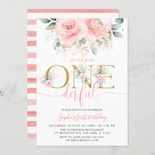 Invitation Blush rose Floral Onederful Baby Girl 1er annivers