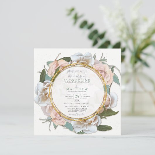Invitation Blush Rose Floral Or Moderne Typographie Script (Debout devant)