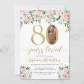 Invitation Blush rose floral photo 80e anniversaire Invitatio (Devant)