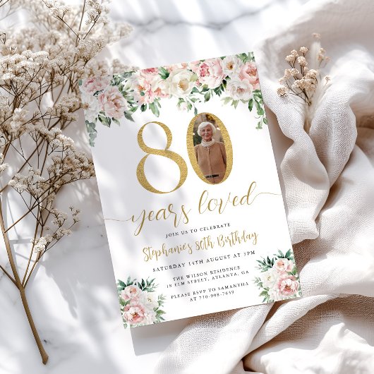 Invitation Blush rose floral photo 80e anniversaire Invitatio