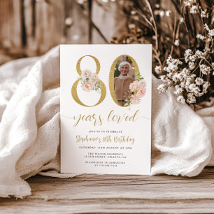 Invitation Blush rose floral photo 80e anniversaire Invitatio