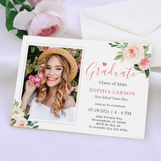 Invitation Blush Rose Floral Photo Keepsaké Graduation Party