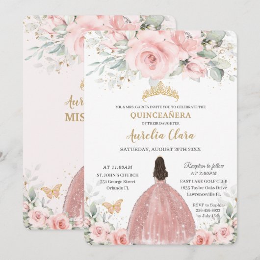 Invitation Blush rose Floral Princesse Rose Gold Quinceañera  (Devant / Derrière)
