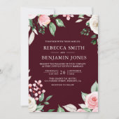 Invitation Blush rose Floral QR Code Bourgogne Mariage (Devant)