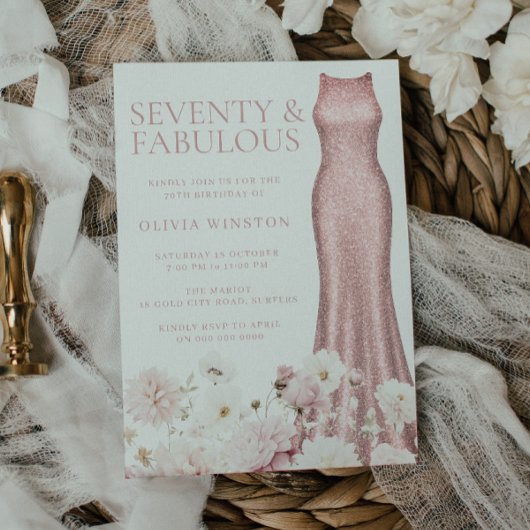 Invitation Blush rose Floral & Robe 70e fête d'anniversaire