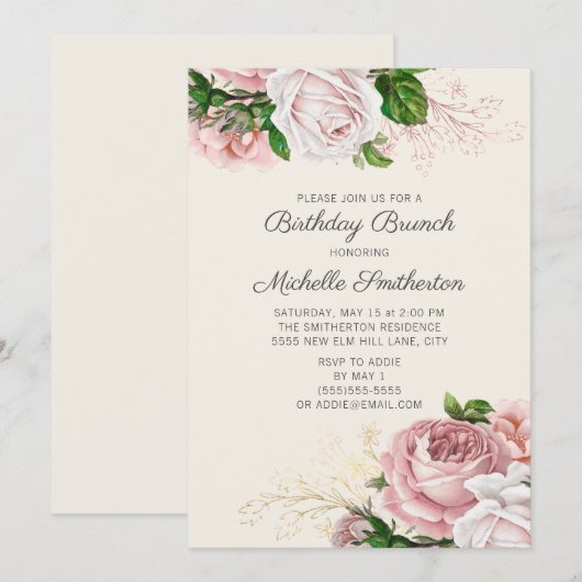 Invitation Blush rose Floral Rose Blanc Anniversaire Brunch (Devant / Derrière)