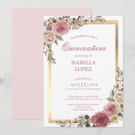Invitation Blush rose Floral Rose Or Quinceañera (Devant / Derrière)