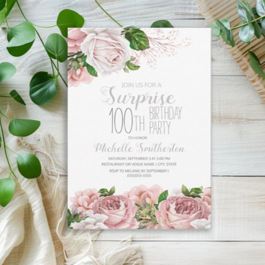 Invitation Blush rose Floral Surprise 100e anniversaire