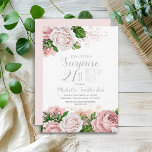 Invitation Blush rose Floral Surprise 21e anniversaire<br><div class="desc">Elégante botanique moderne rose pastel floral (rose) et verdure sur le thème du jardin blanc surprend 21e anniversaire invitation à la fête. Le texte,  la police,  la taille de police et la couleur sont entièrement personnalisables,  donc cette carte peut être customisée pour répondre parfaitement à vos besoins.</div>
