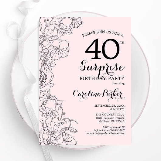 Invitation Blush rose Floral Surprise 40e fête d'anniversaire