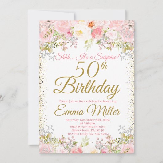 Invitation Blush rose Floral Surprise 50e anniversaire (Devant)