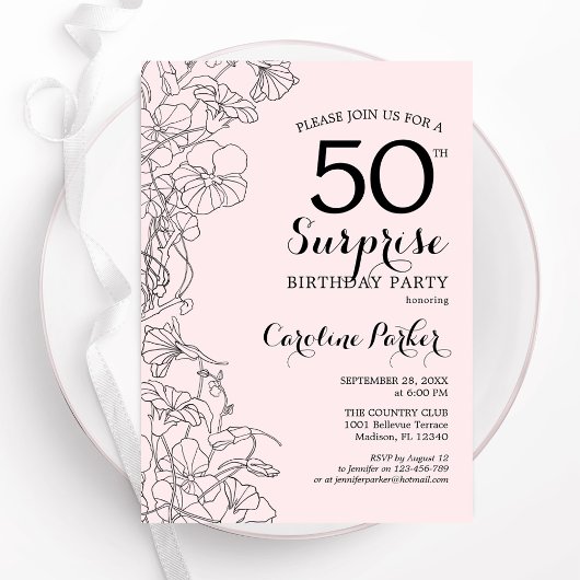 Invitation Blush rose Floral Surprise 50e fête d'anniversaire