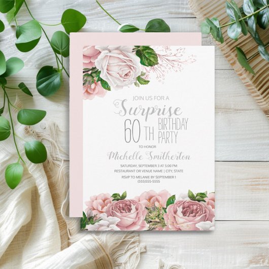 Invitation Blush Rose Floral Surprise 60e anniversaire