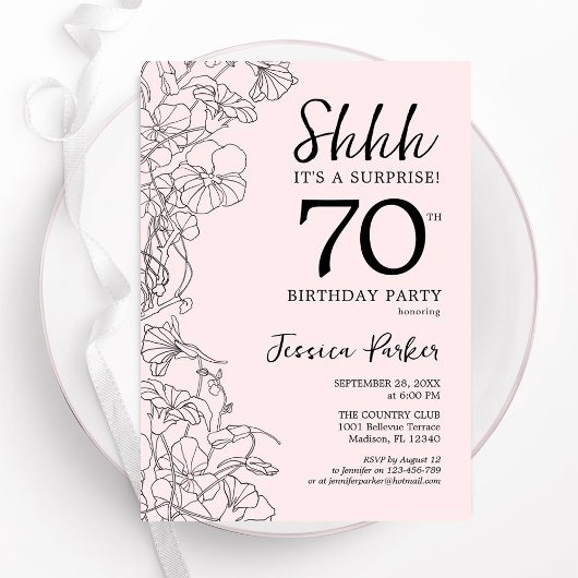 Invitation Blush Rose Floral Surprise 70e anniversaire