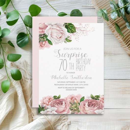 Invitation Blush Rose Floral Surprise 70e anniversaire