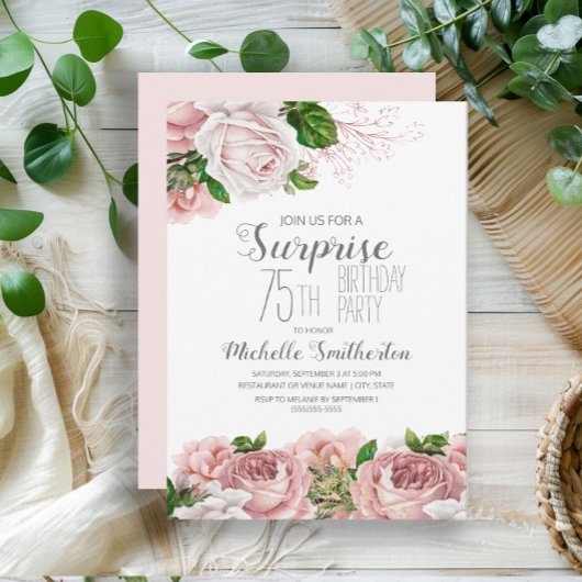 Invitation Blush rose Floral Surprise 75e anniversaire femmes