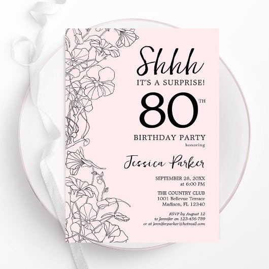 Invitation Blush Rose Floral Surprise 80e anniversaire