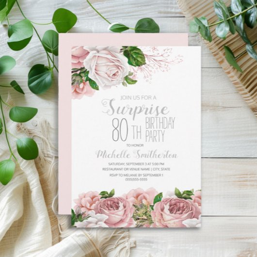 Invitation Blush Rose Floral Surprise 80e anniversaire