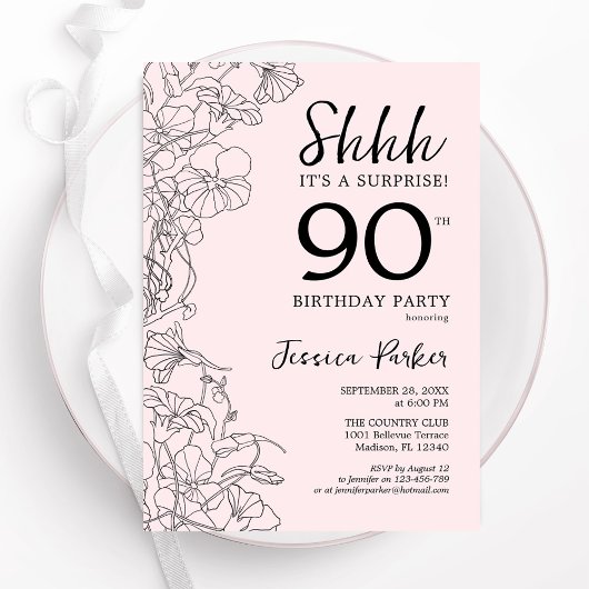 Invitation Blush rose Floral Surprise 90e anniversaire