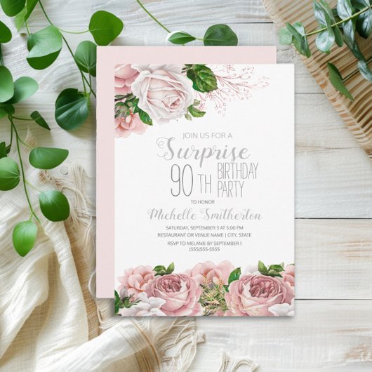 Invitation Blush rose Floral Surprise 90e anniversaire