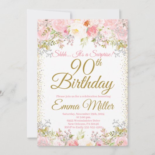 Invitation Blush rose Floral Surprise 90e anniversaire (Devant)