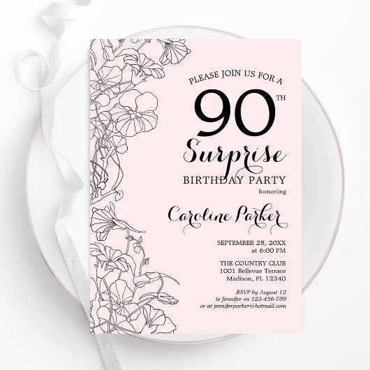 Invitation Blush rose Floral Surprise 90e fête d'anniversaire