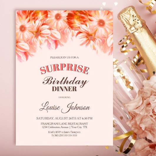 Invitation Blush rose Floral Surprise Anniversaire Dîner